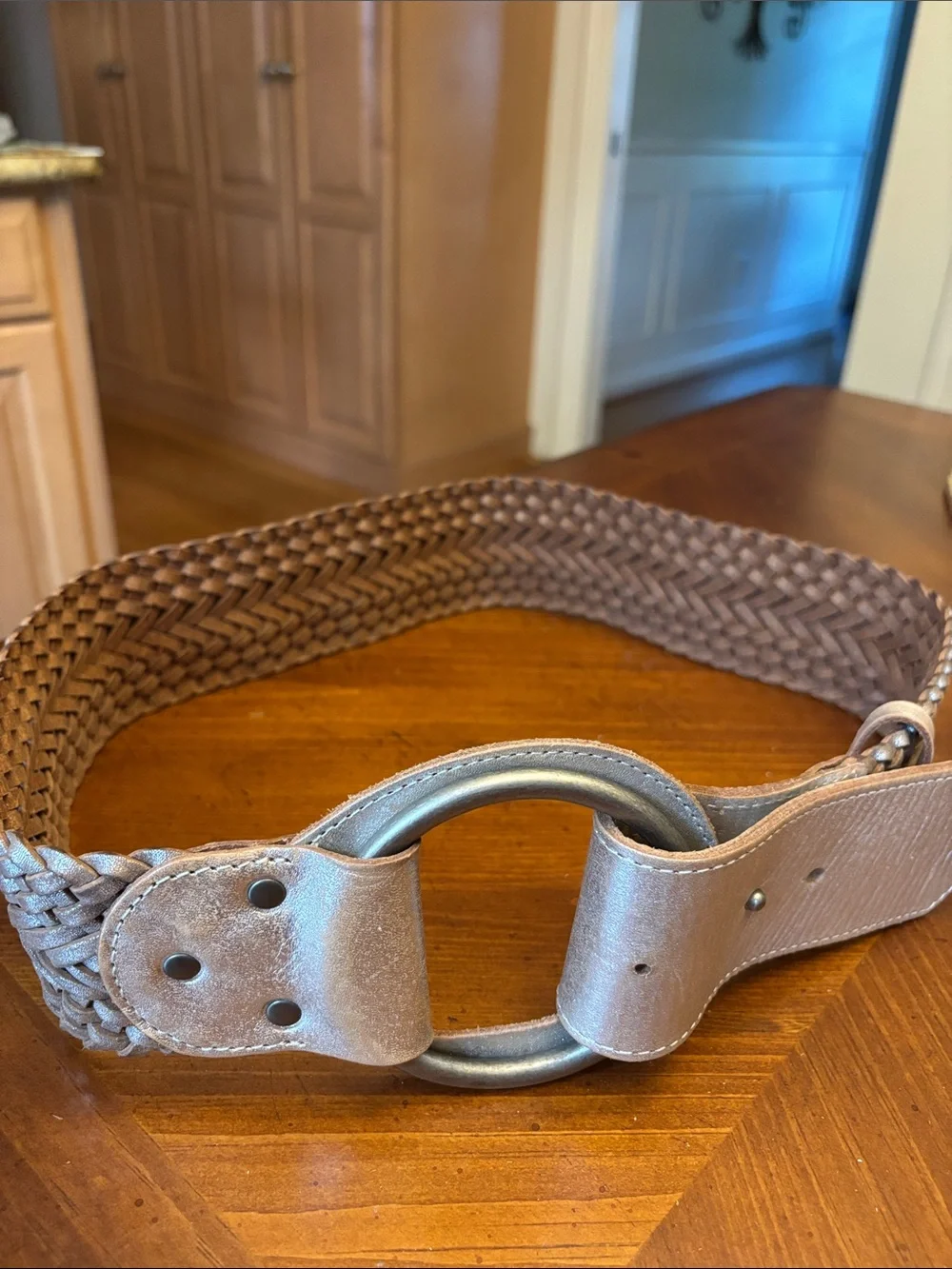 A|X Armani Exchange Braided Leather Belt Metallic Silver Gold